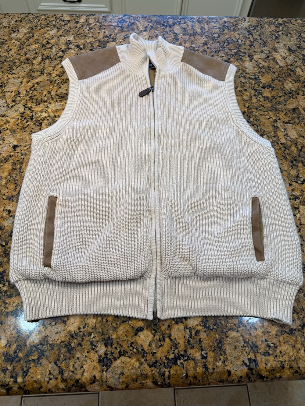 Orvis Cream and Olive Knit Vest with High Collar
